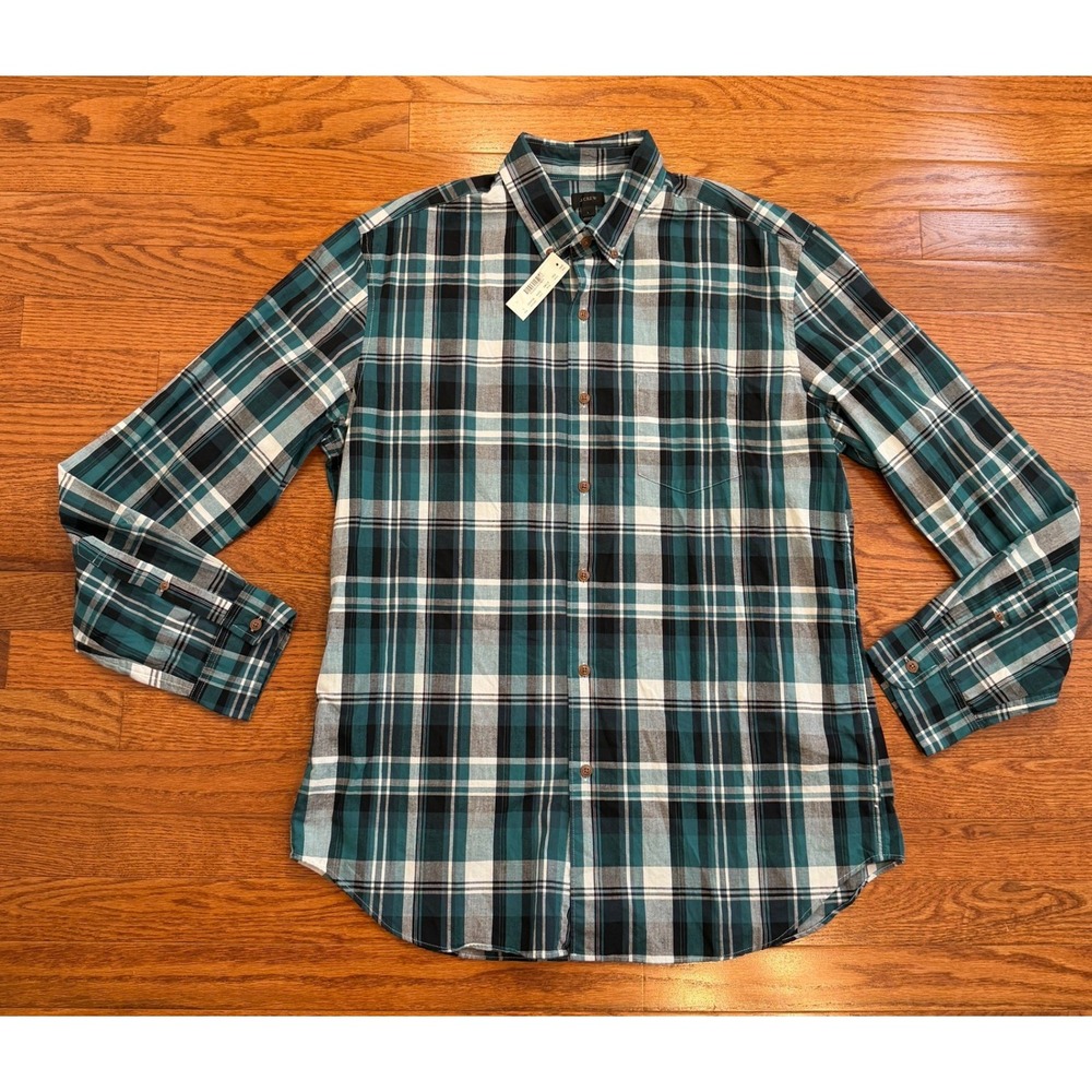 New J.Crew Button-Down Shirt Men Large Teal Green Black White Plaid Long Sleeve